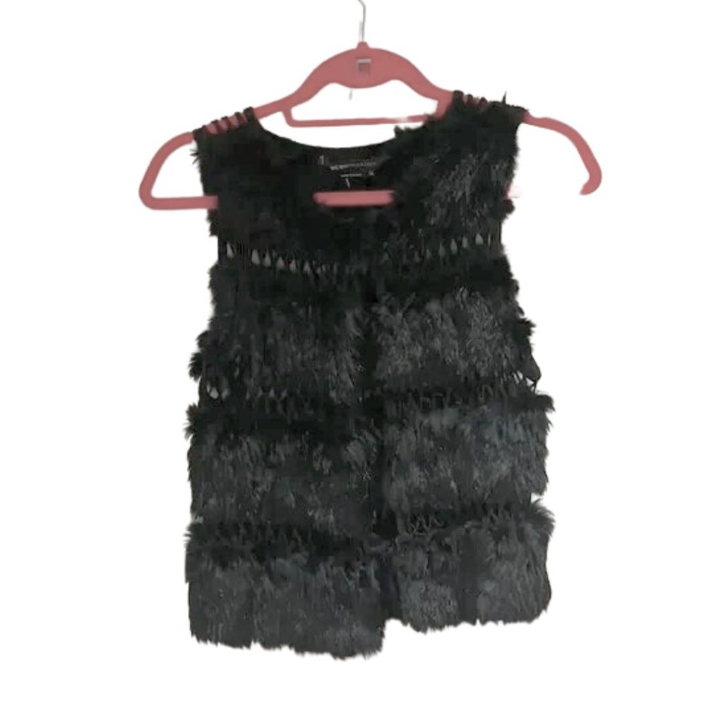BCBG Max Azria Black Lapin Fur Vest Sleeveless Jacket Gillet size XS
